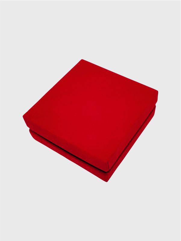 Top diagonal view of red and black velvet Kappa gift box