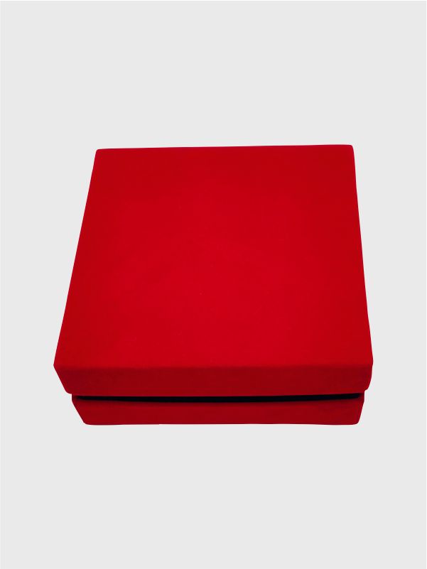 Top view of red and black velvet Kappa gift box