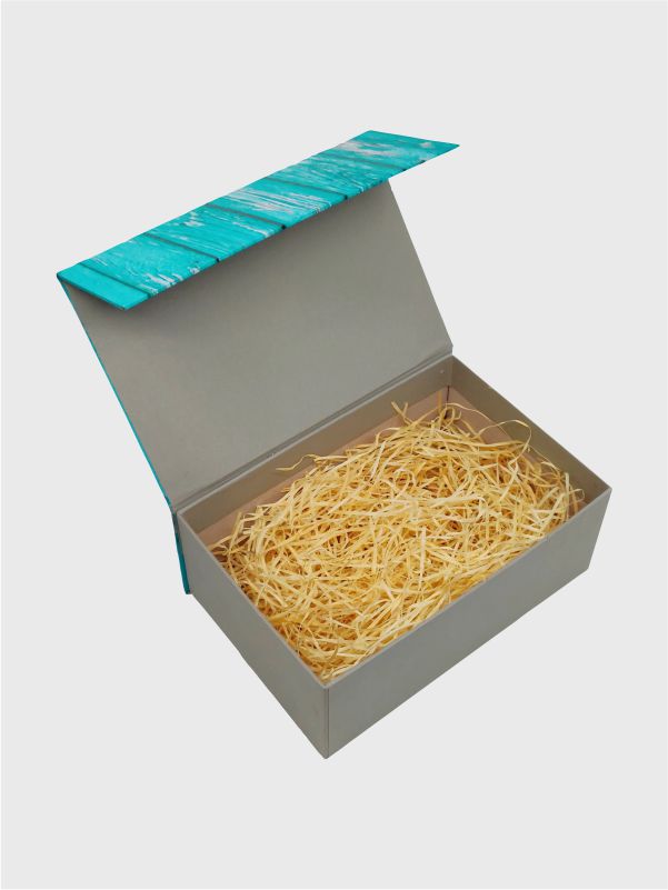 Open lid view of premium magnetic gift box with grey interior