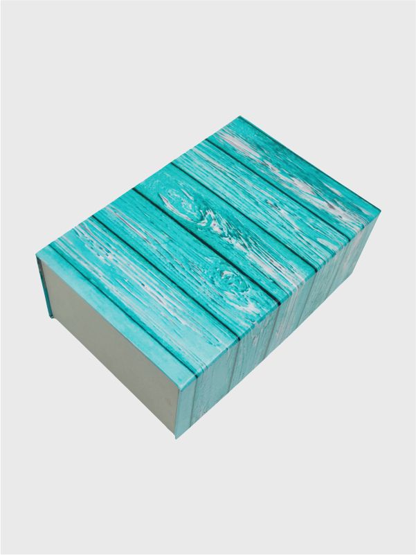 Top view of light blue wooden print magnetic gift box