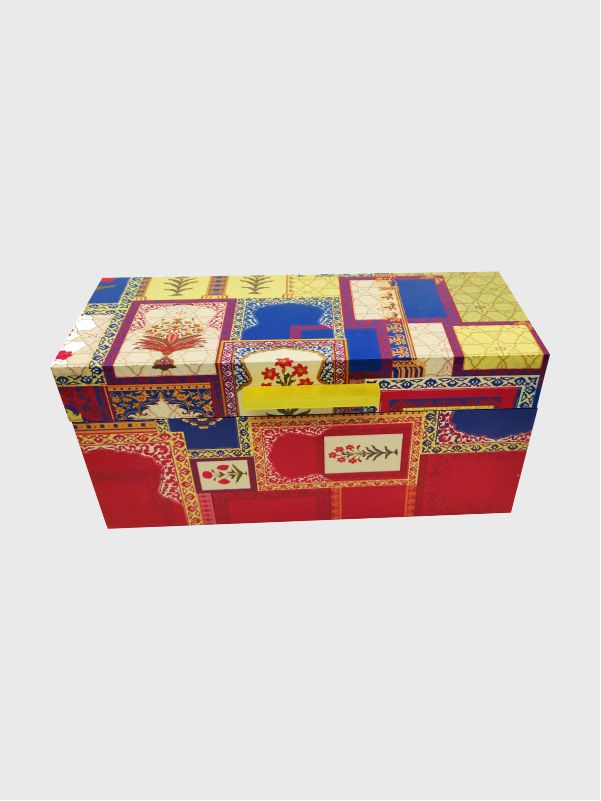 Front view of the Memento gift box with intricate Mughal-inspired print