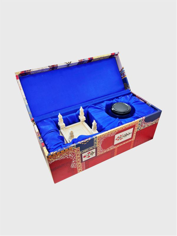 Interior view showing the thermocol cavity lined with deep blue fabric in the Memento gift box