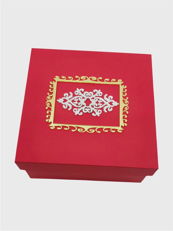 Red kappa box for festive gift packaging with gold and silver mirror decoration