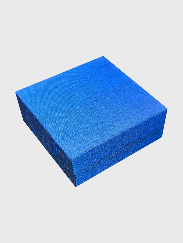 Top view of Prussian blue kappa shoulder neck box with fabric finish